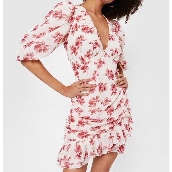 Nasty Gal Floral Puff Sleeve Wrap Mini Dress V-Neck Ruched Ruffle, Pastel Pink - Picture 11 of 11